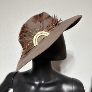 Vintage Sylvia Bollman Doeskin Brown Felt Hat Feathers Beads Wool Made‎ in USA